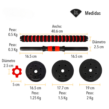 Kit De Pesas + Mancuerna + barra + 12 discos